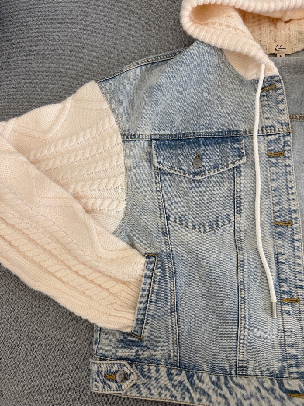 Elan Light Wash Denim Jacket with Cream Cable Knit Hood & Sleeves
